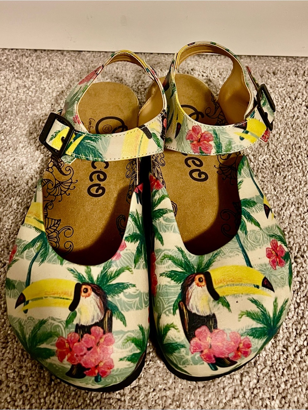 Calceo Toucan Floral Mary Jane Sandals EU 37 (US 6.5) Cork Footbed NWOT
